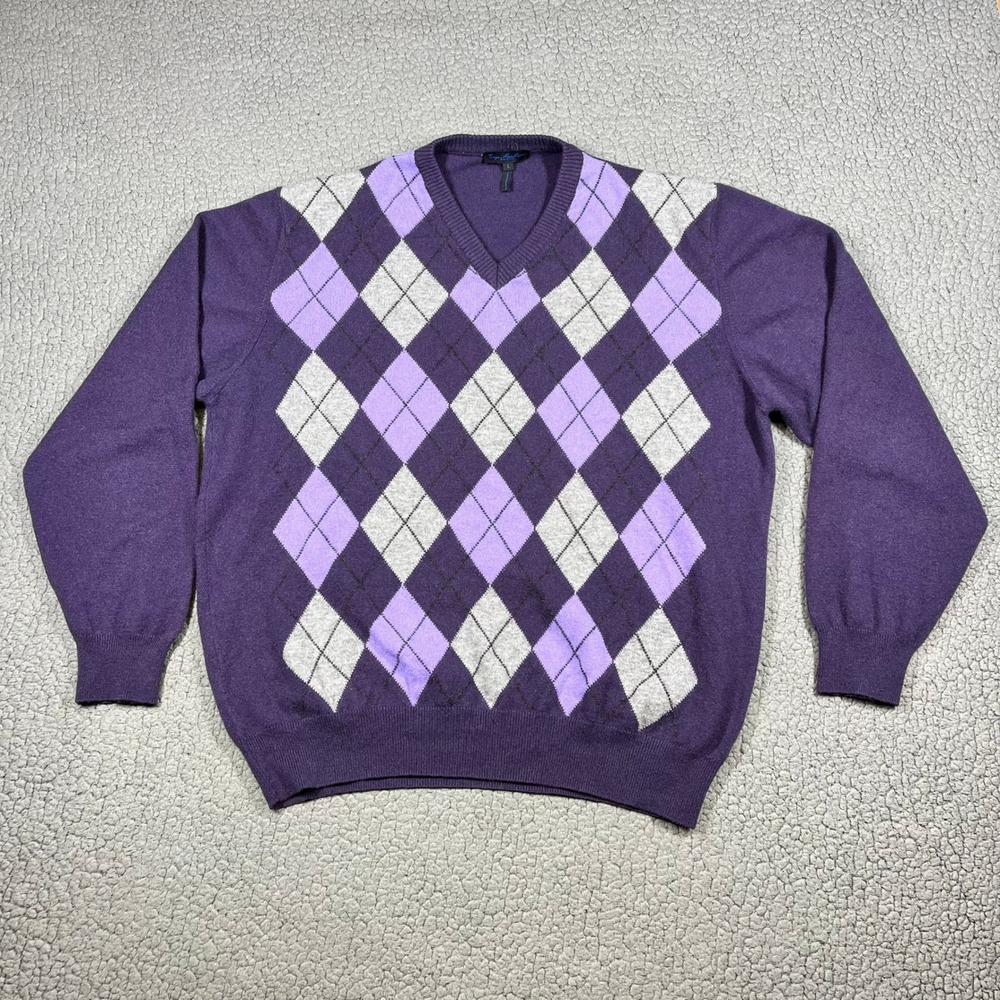 Enzo Mantovani Sweater Mens Purple Argyle 100% Cashmere V-Neck Made in Italy L